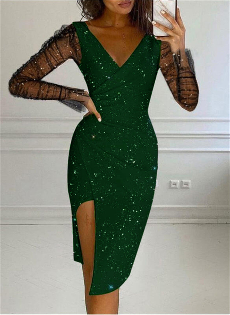 Autumn And Winter Women Clothes Sequin V-Neck Bodycon Sexy Mesh Dress 4