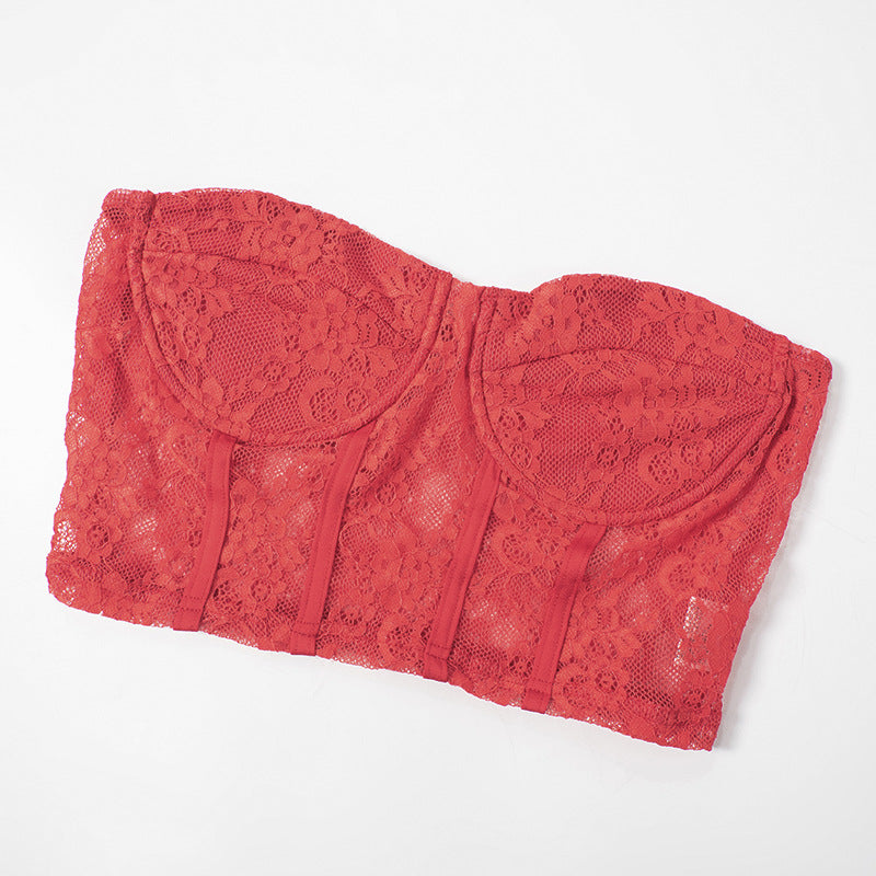 Women's Spring Solid Casual Lace Crop Strapless Top Slim Bell Bottom Pants Two Piece Set 13