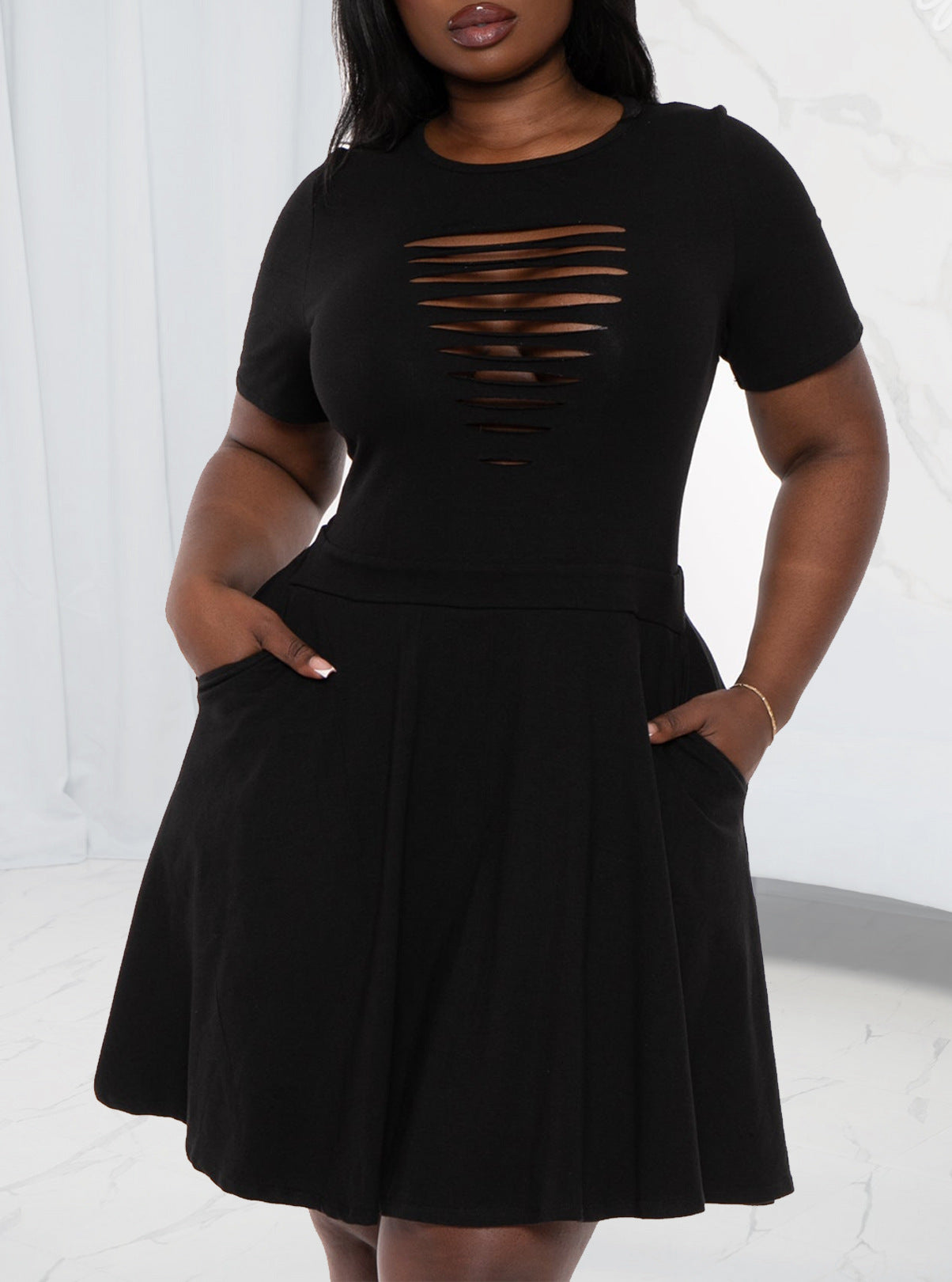 Plus Size Women's Summer Fashion Chic Short Sleeve Slim Hollow A-Line Dress