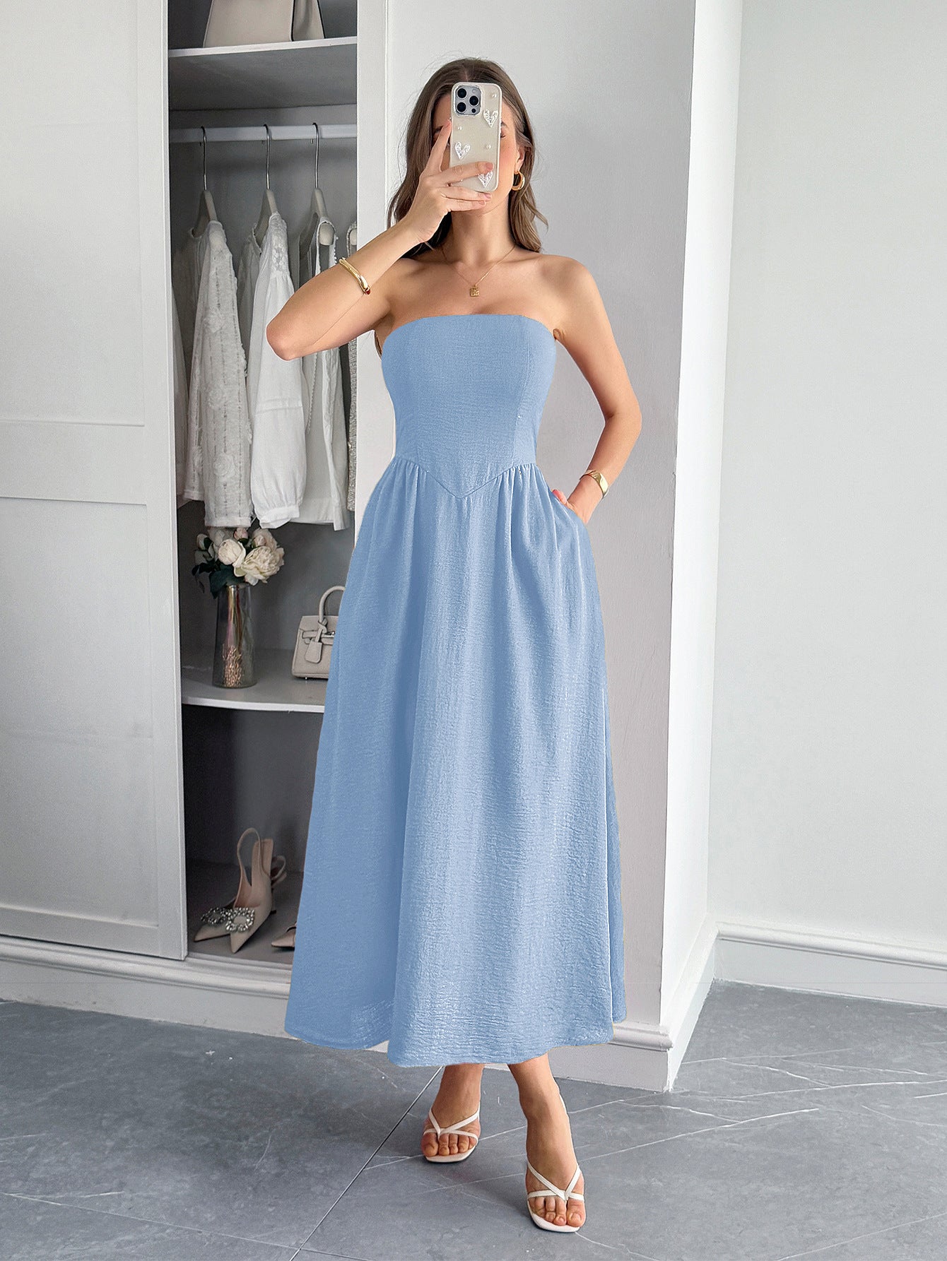 Spring/Summer Women's Elegant Holidays Strapless Slim Waist Long Dress 3
