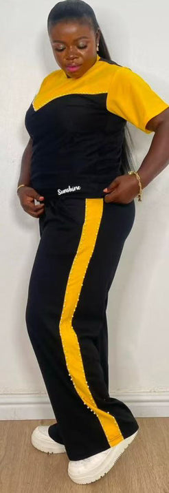 Women Casual Patchwork Contrast Beaded Short Sleeve Top and Pant Two-Piece Set 4