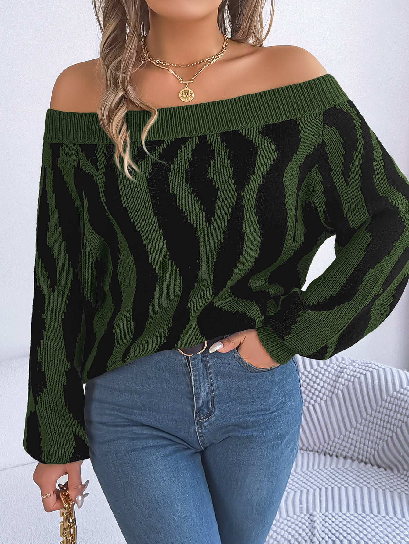 Women Casual Contrast Color Off Shoulder Off-Shoulder Balloon Sleeve Sweater 7