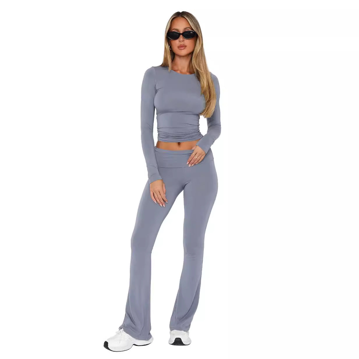 Women long sleeve round neck top and bell bottom pant two-piece set 9