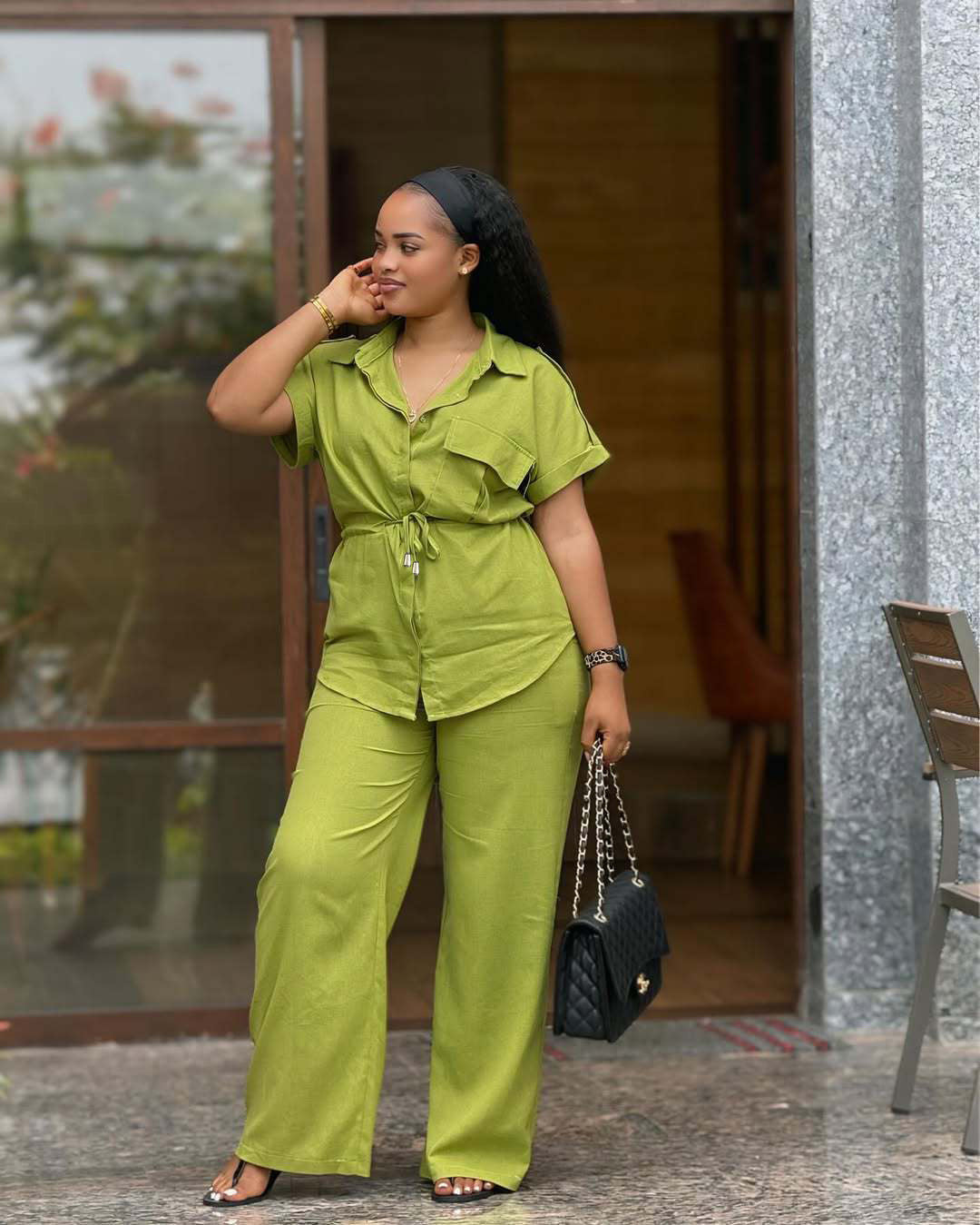 Plus Size Women Casual African Solid Turndown Collar Top and Trousers Two-piece Set 3