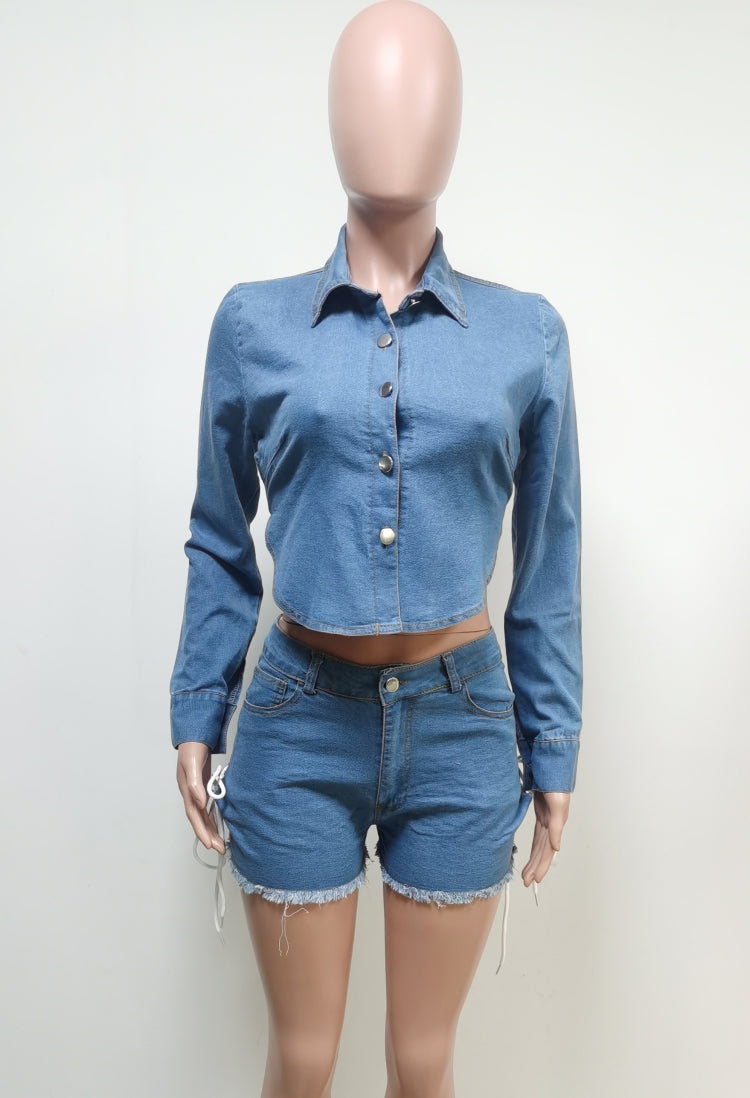 Autumn Long Sleeve Denim Cropped Top and Shorts Set 5
