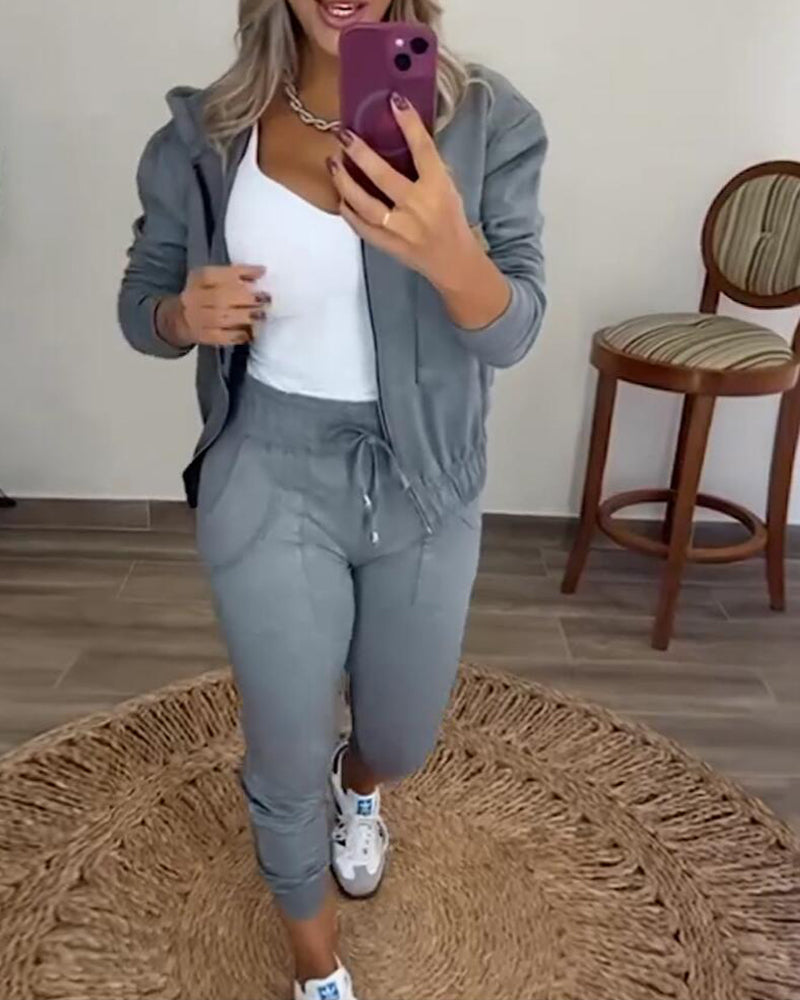 Women Solid Zipper Top+Pant Two Piece Set 5