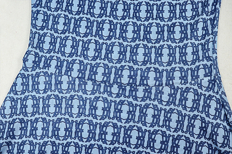 Women's Summer Print Street Round Neck Long Sleeve Slim Waist Sheer A-Line Dress 13