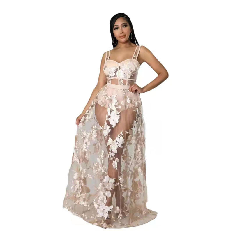 Women Solid Embroidered See-Through Non-Stretch Strap Dress 11