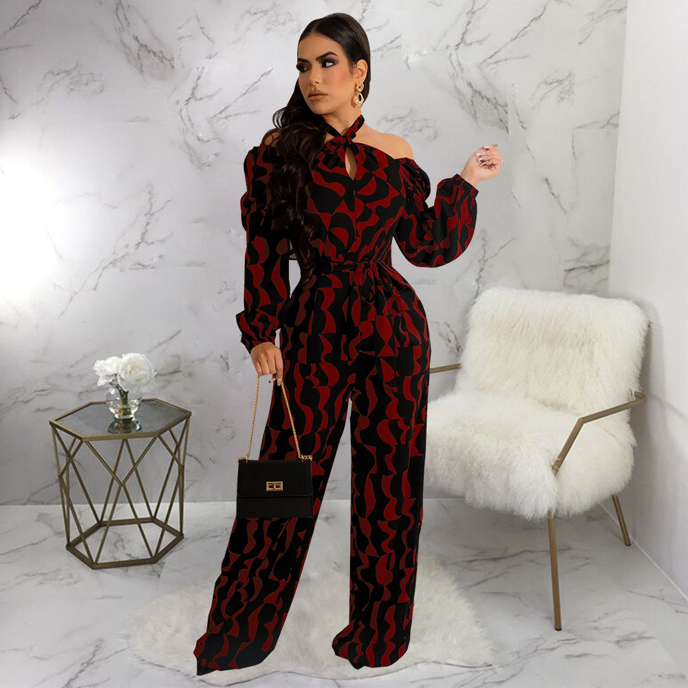 Women Printed Long Sleeve Halter Neck Jumpsuit 4