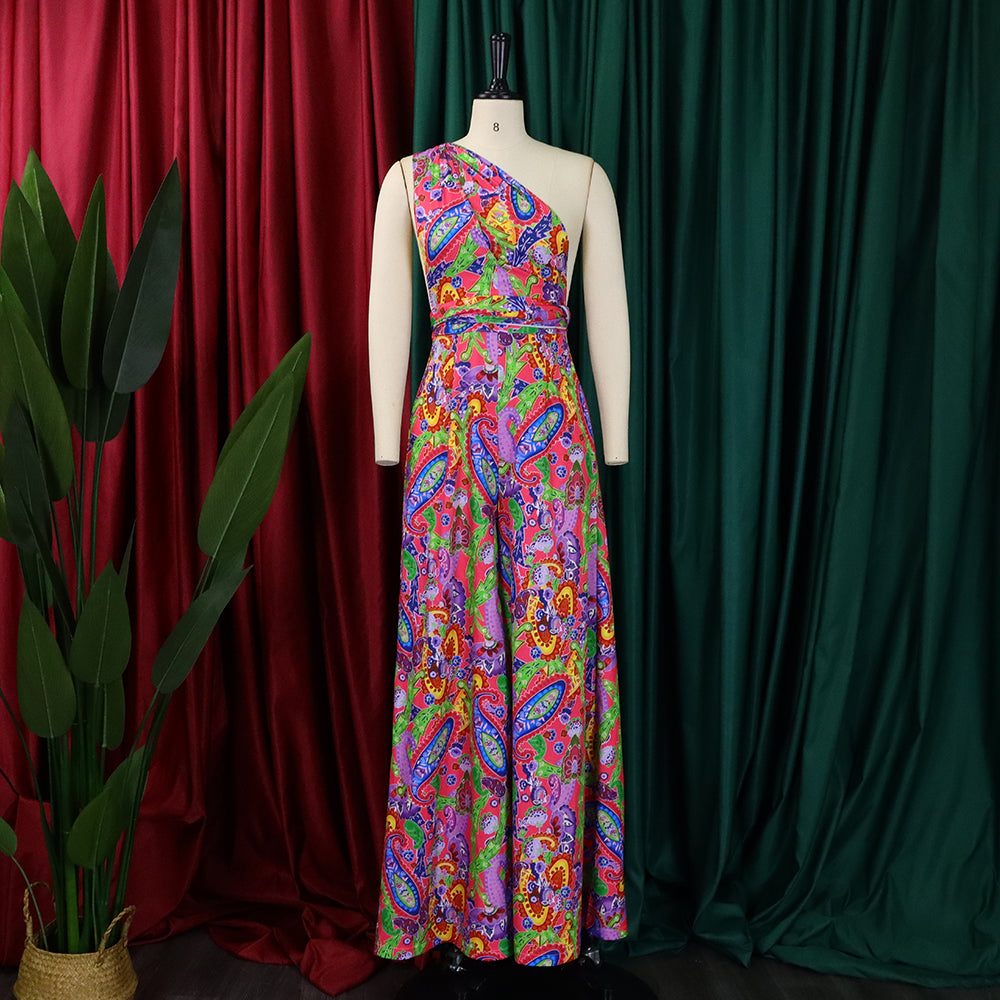 Plus Size Women African Print Halter Neck Beach Jumpsuit 17