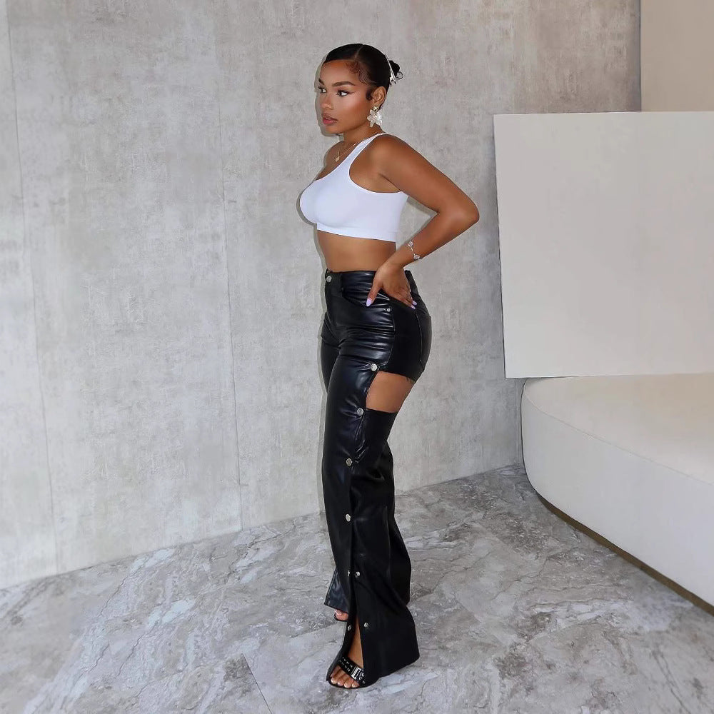 Women autumn and winter sexy Hollow Pu-Leather Straight Pants