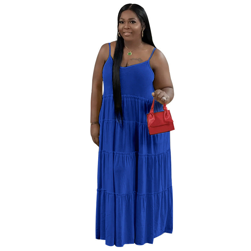 Summer Plus Size Women's Solid Color Sexy Camisole Pleated Patchwork Fashion Casual Dress 16