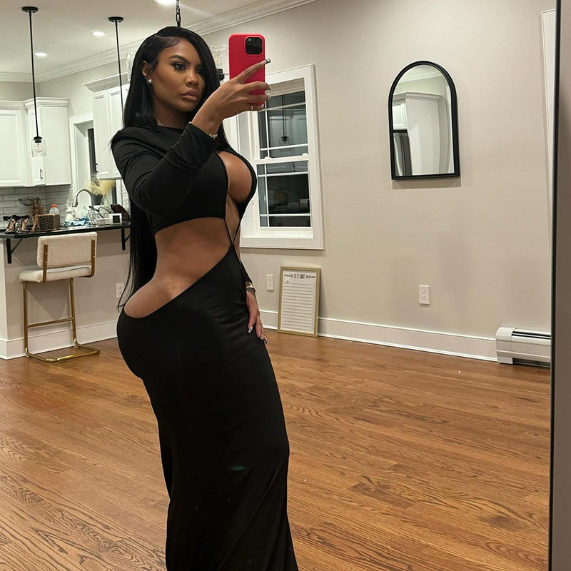 Women sexy hollow long sleeve Open Waist Bodycon Maxi Dress 4