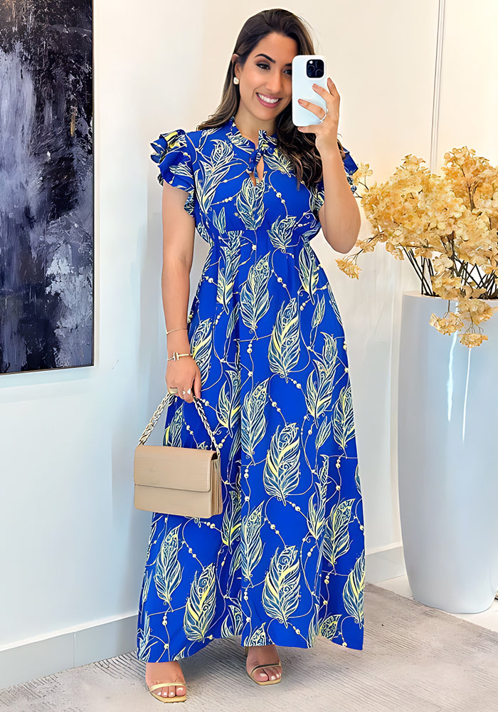 Ruffle Short Sleeve Slim Waist Chic Long Dress