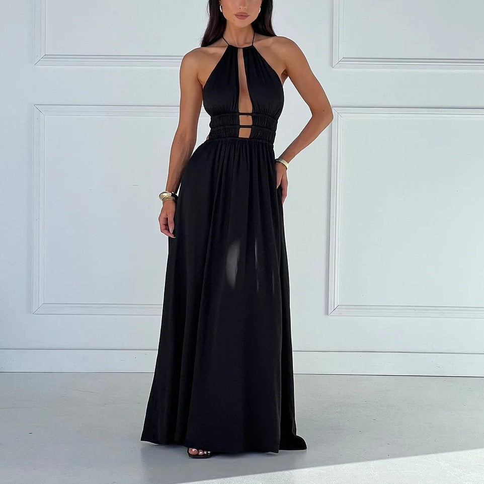 Women's Sexy Hollow Halter Off-Shoulder Pleated Maxi Dress 3