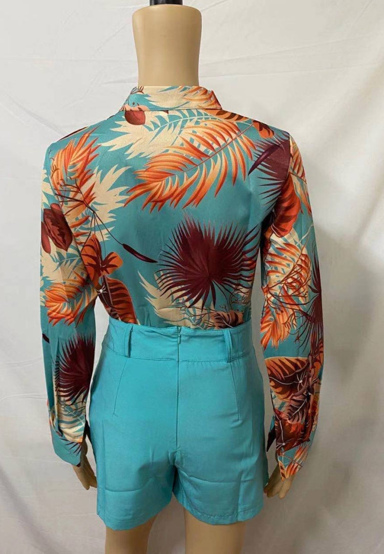 Summer Formal Print Green Long Sleeve Blouse and Plain Shorts 2 Piece Set