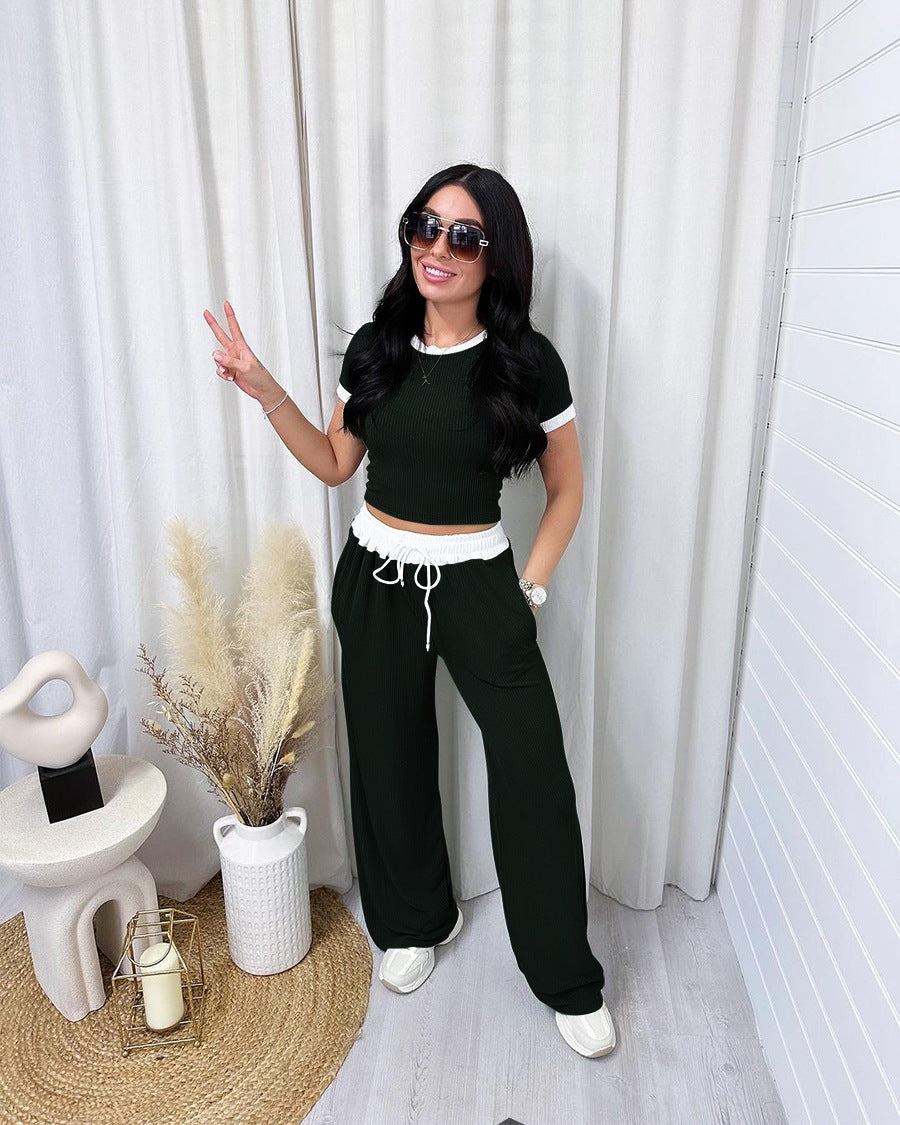Spring Summer Style Round Neck Contrast Color Short Sleeve Top Women's Fashion Casual Wide Leg Pants Sports Two Piece Set