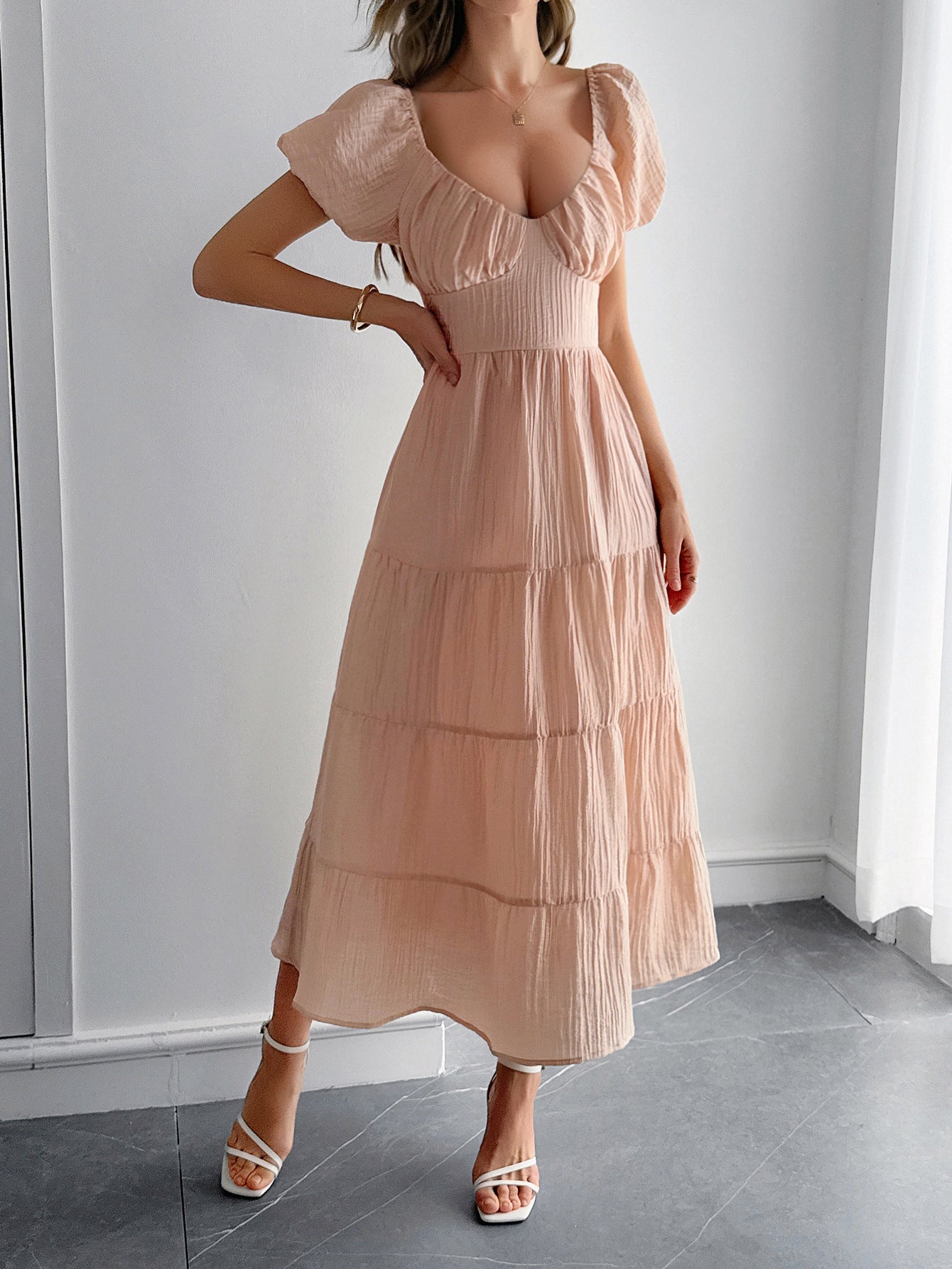 Spring-Summer Elegant Holiday Solid Short-Sleeve Maxi Dress for Women 3