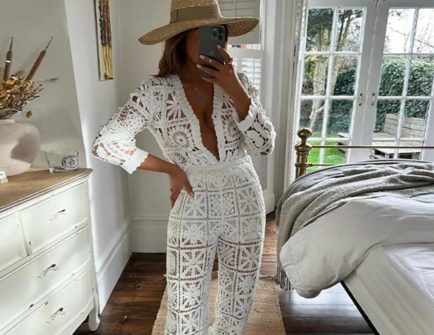 Women knitting hollow Top and Pants Two Piece Set