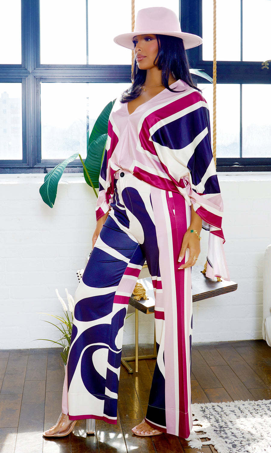 Plus Size Fashion v-Neck Wide Split Long Sleeve Top Bell Bottom Pants Set 4