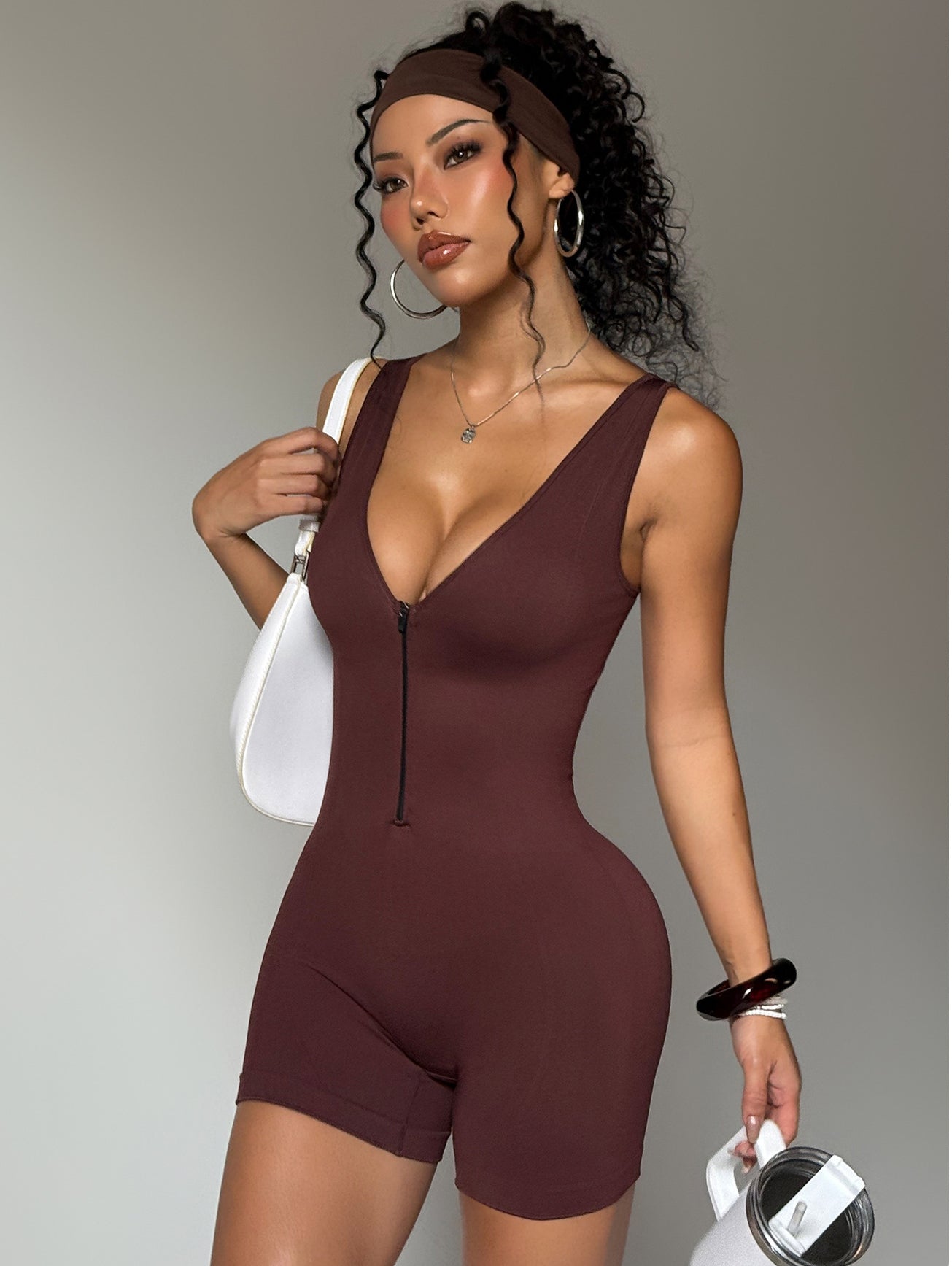 Zip-Up Short-Sleeve Dance Tight-Fitting Sports Jumpsuit 3