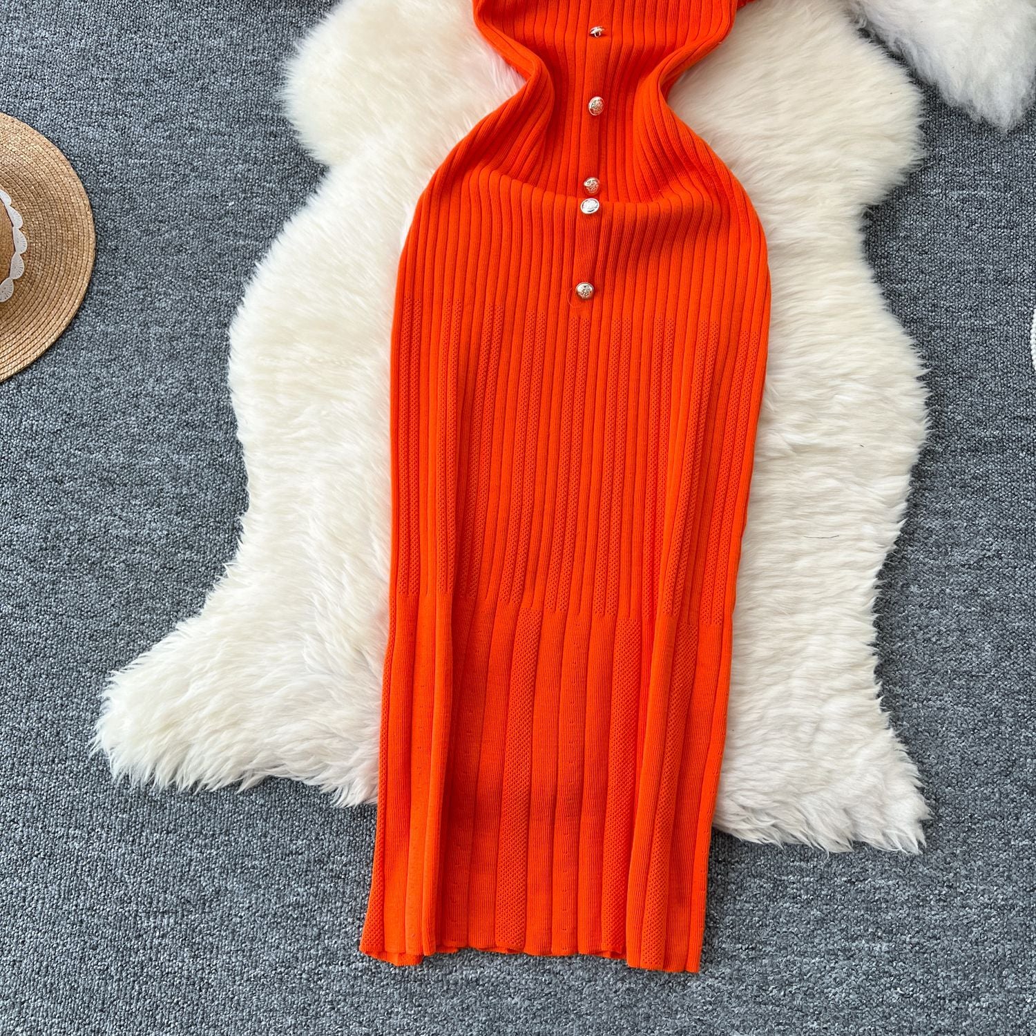 Chic Knitting Round Neck Single-Breasted Short-Sleeved Slim Midi Dress 14