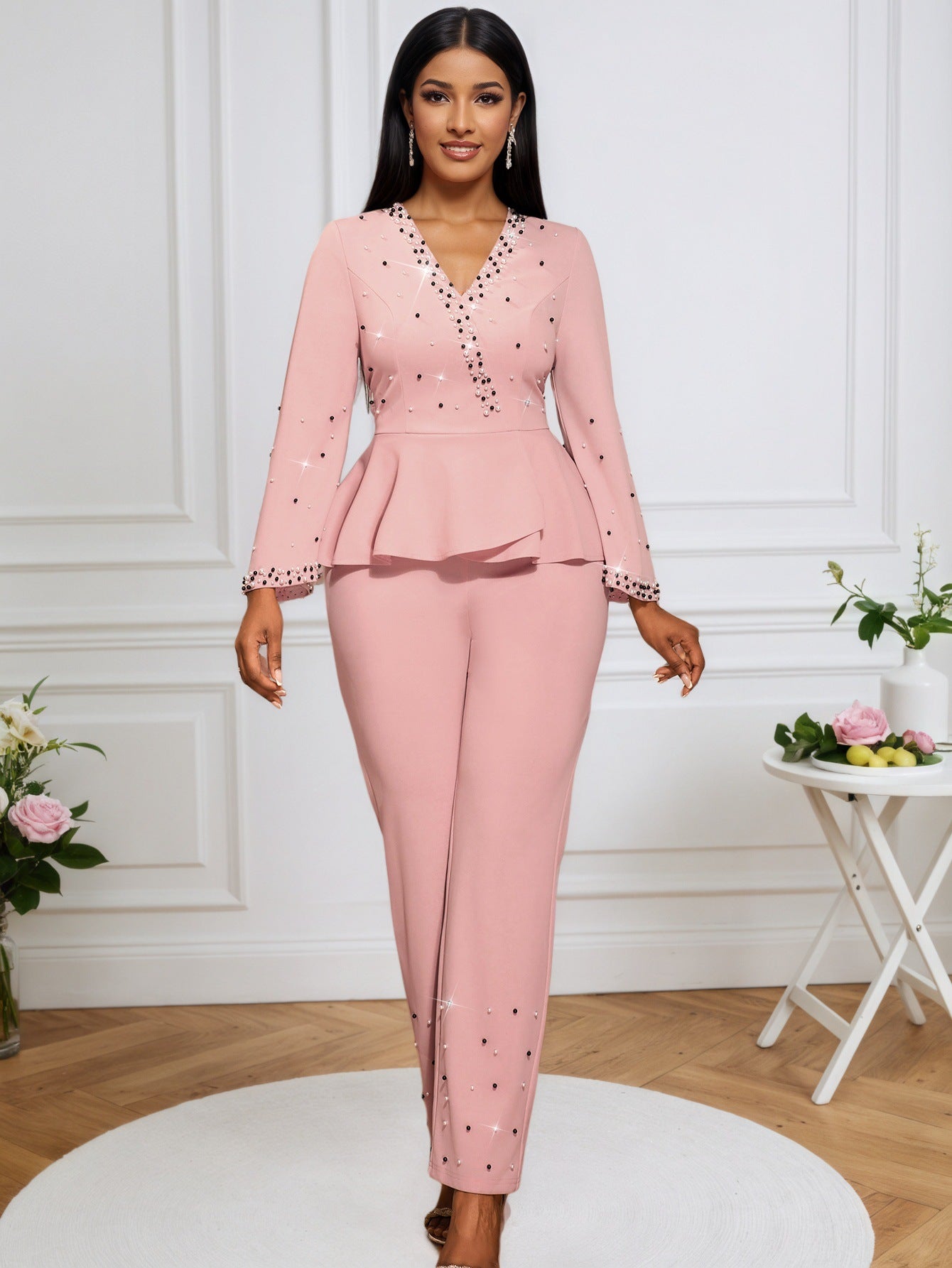 Deep V Ruffle Slim Waist Beaded Elegant Chic Party Jumpsuits