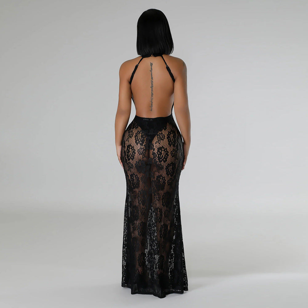 Sexy Fashion Halter Neck See Through Lace Low Back Slim Nightclub Long Dress 4