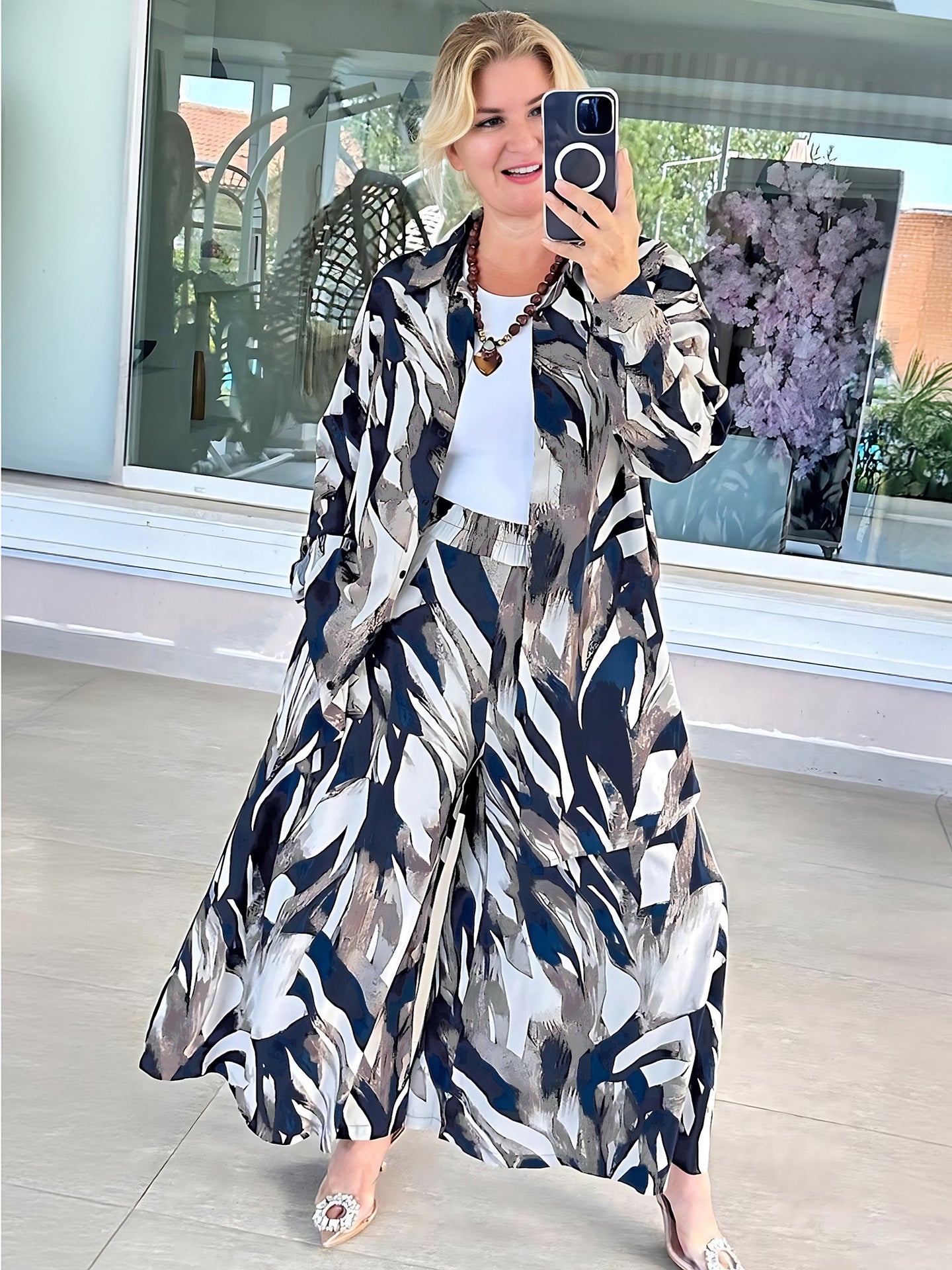 autumn comfortable casual button long-sleeved shirt loose wide leg pants women two-piece set 3