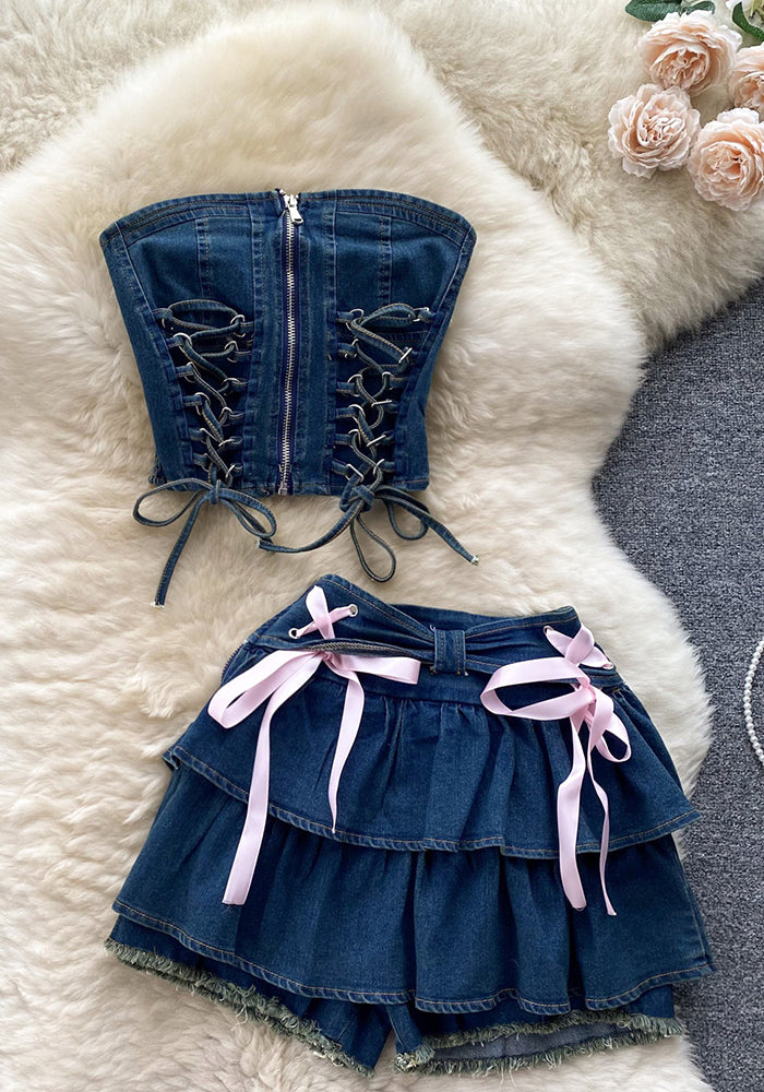 Women French Sexy Denim Lace-Up Sleeveless Strapless Top and Cake Skirt Two-Piece Set
