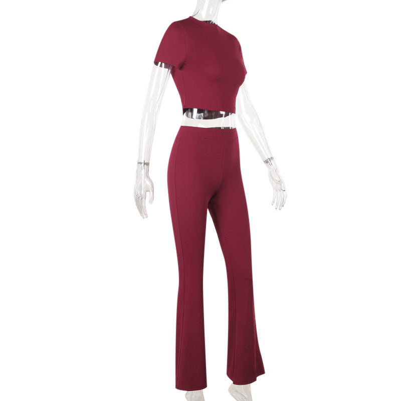 Autumn Women's Fashion Chic Casual Solid Color Short Sleeve Top Pants Set 9