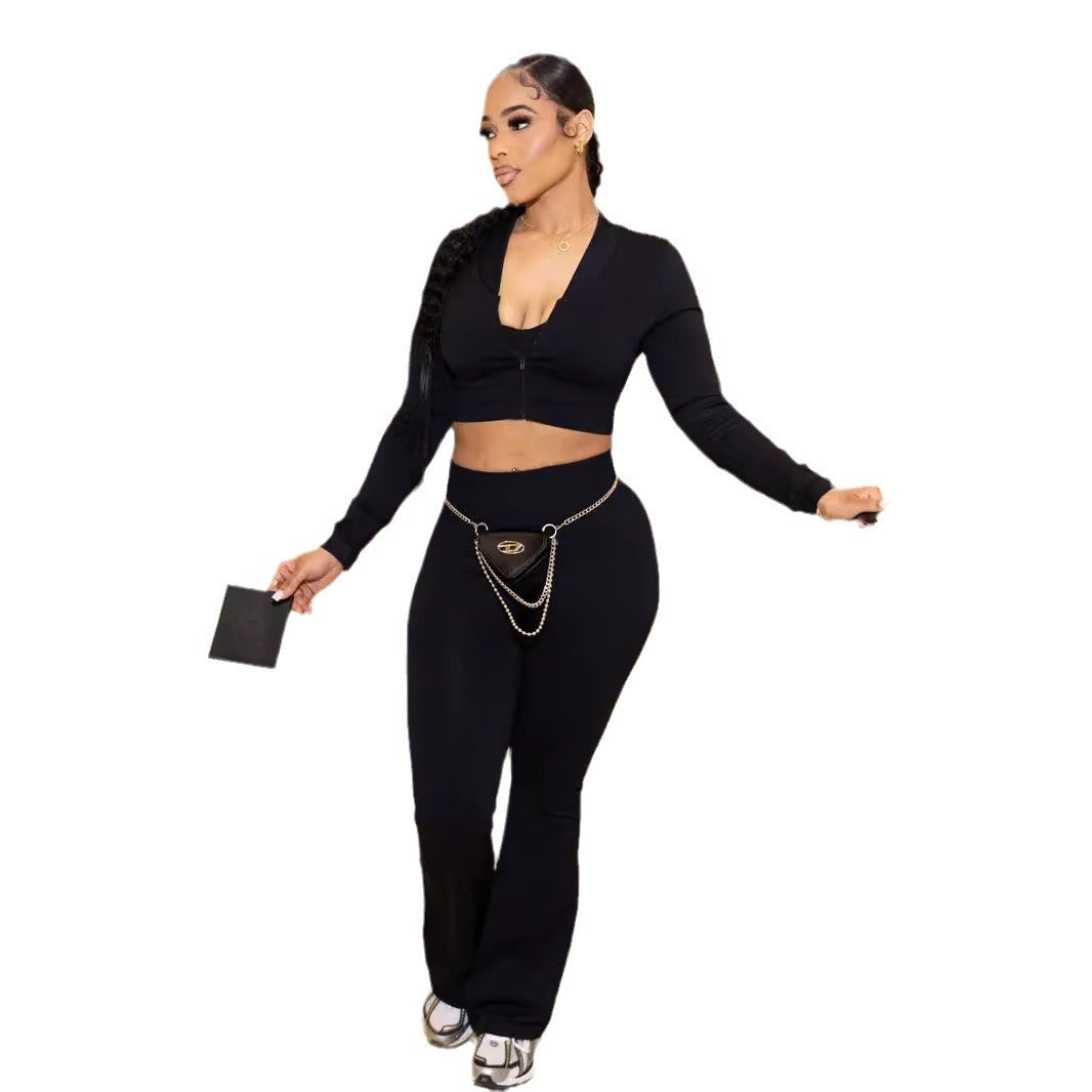 Women's Solid Color Long Sleeve Sexy Open Waist Casual Sports Three-Piece Pants Set 10