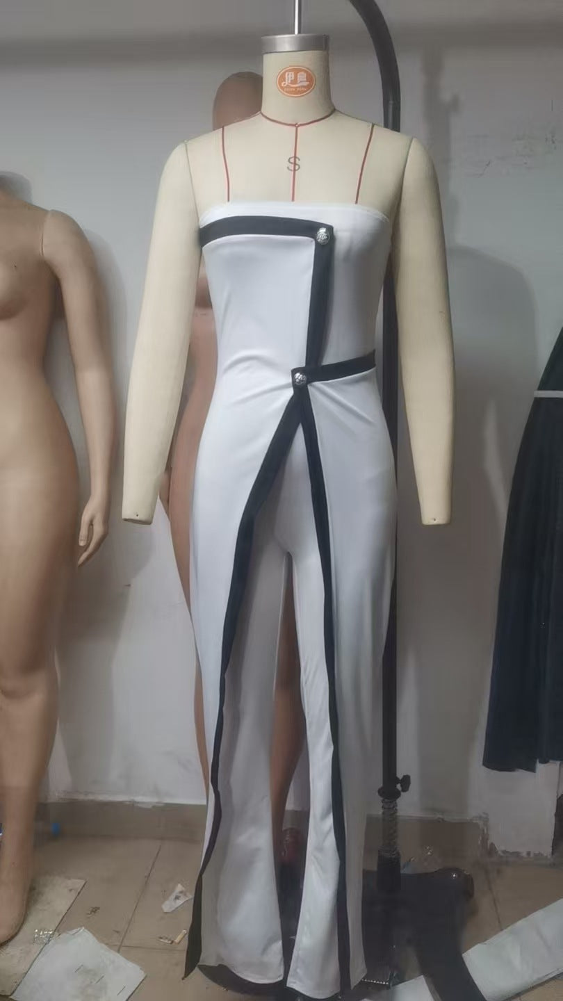 Fashion Women's Clothing Strapless Sexy Slim High Waist Contrast Color Jumpsuit 9