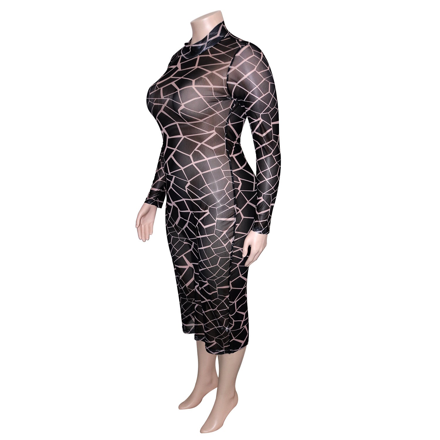 Women's Fashion Ladies Printed Mesh Round Neck Long Sleeve Maxi Plus Size Dress 7