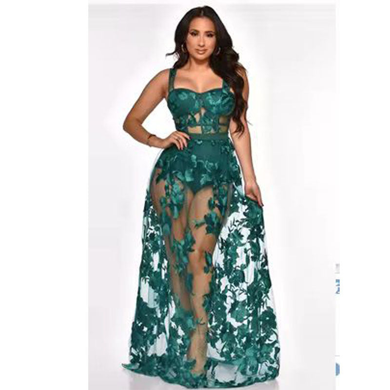 Women Solid Embroidered See-Through Non-Stretch Strap Dress 4