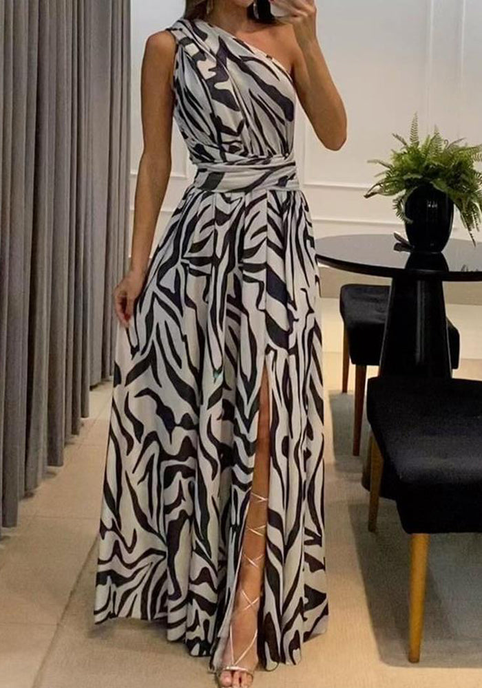 Summer Women'S Sexy One Shoulder Sleeveless Printed Long Maxi Dress For Women