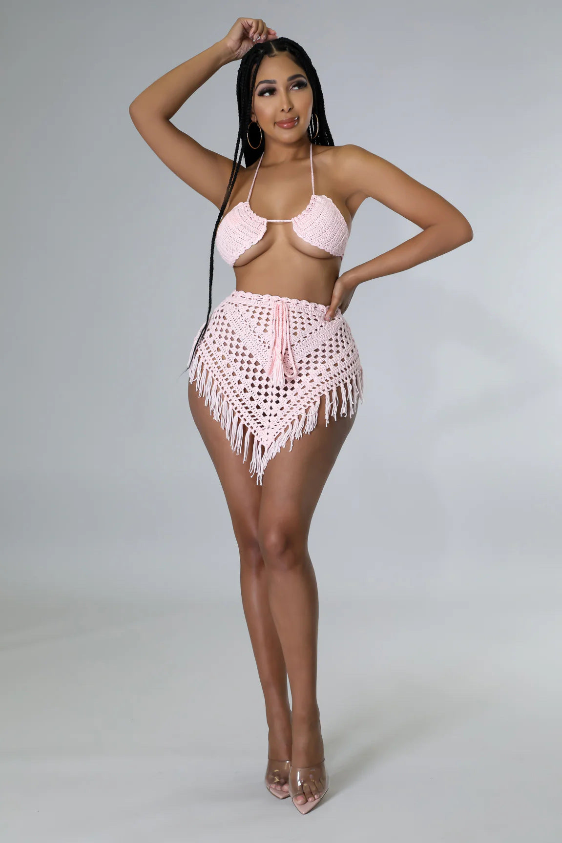 Summer Crocheted Hollow Bra Tassel Short Skirt Sexy Two-Piece Set 15