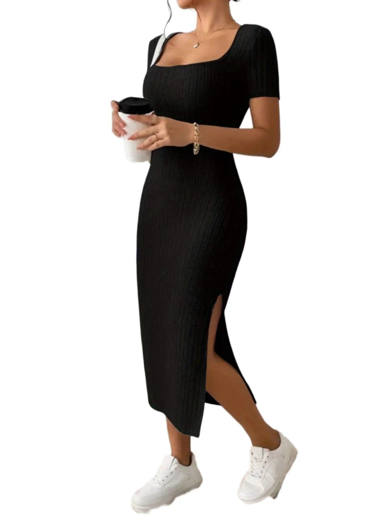 Summer women's fashion square neck sexy slim slit Bodycon Dress 11