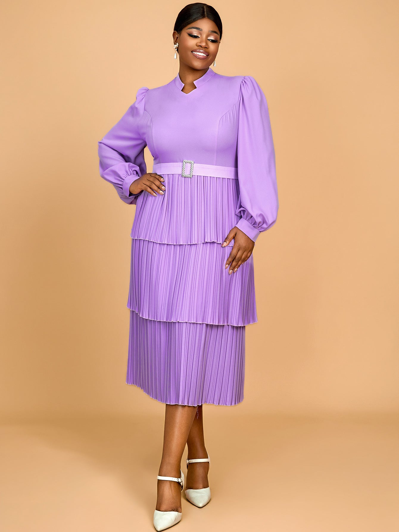 Women Spring and Summer Lantern Sleeve Pleated Cascading Ruffles Dress