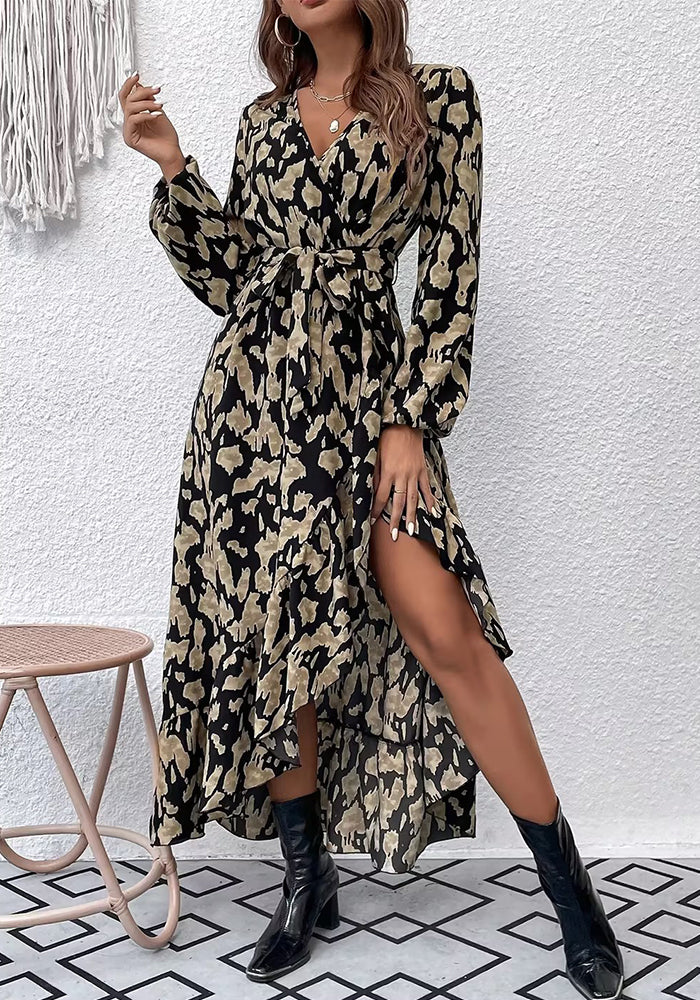 Women's Long Sleeve Ruffle Leopard Print Dress