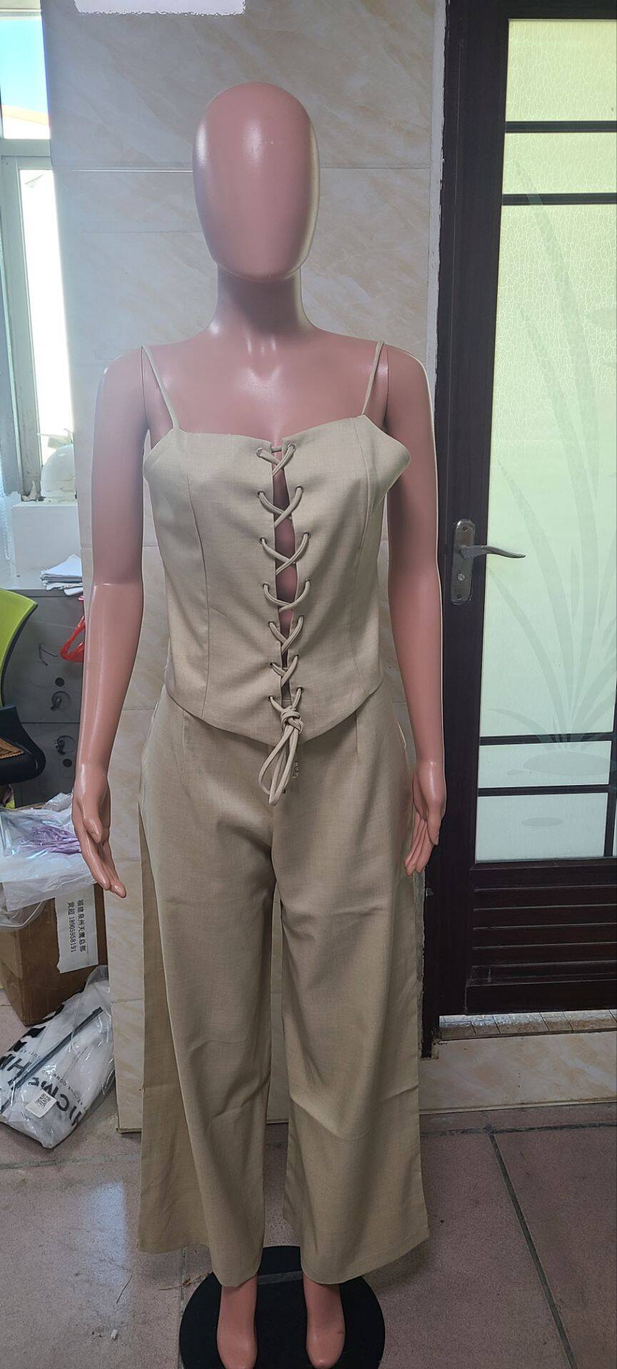 Summer Sexy Hollow Lace-Up Top Wide-Leg Pants Casual Two Piece Set 16