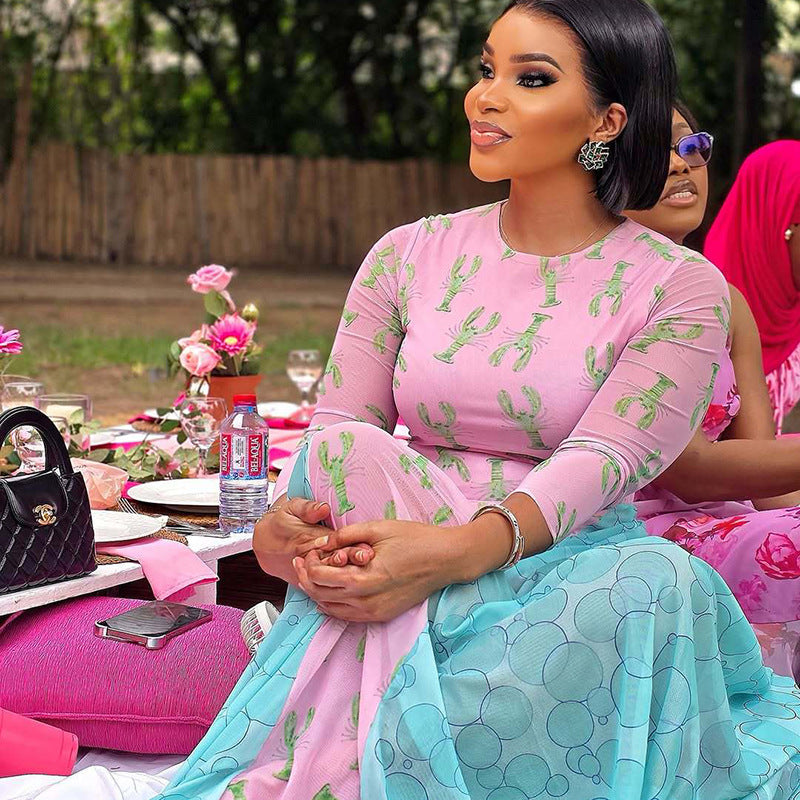 Women Patchwork Print Dress Round Neck Pleated Long-Sleeve Dress 4