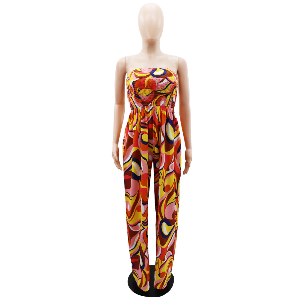 Casual Printed Low Back Strapless Loose Summer High Waist Women's Jumpsuit 9