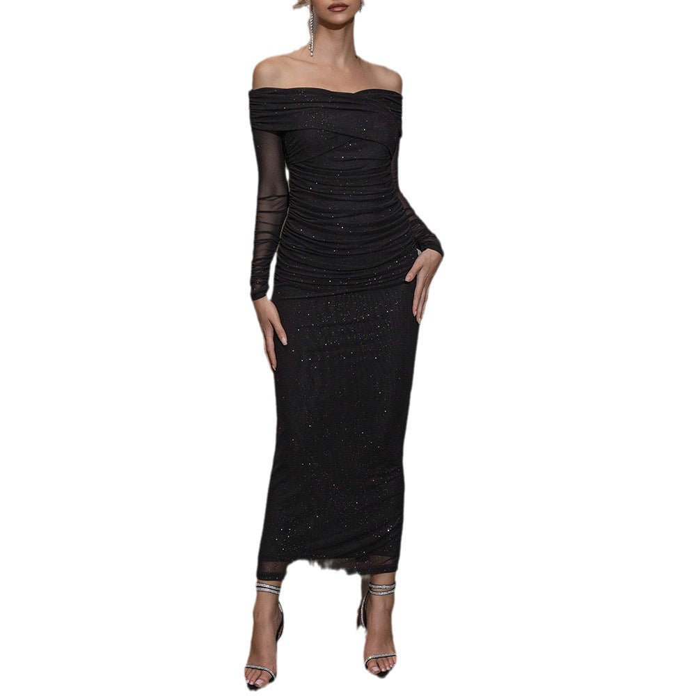 Autumn Sexy Chic Style Strapless Off Shoulder Long Sleeve Mesh Long Dress 6