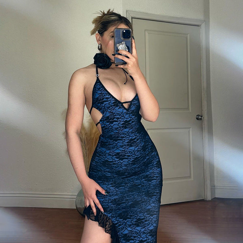 Women summer lace sexy slit Strap Bodycon Dress 5