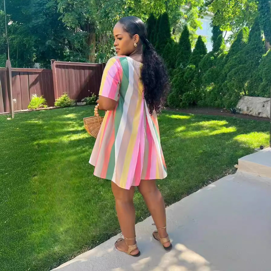 Contrast Color Stripe Printed Pocket Short Sleeve Causal Dress 3