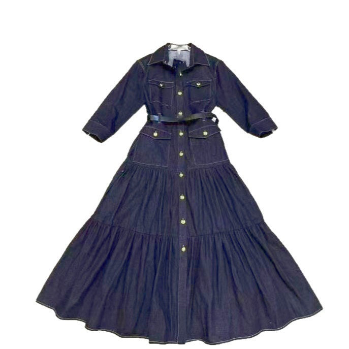 Women's Turndown Collar Metal Button High-Waist Denim Skirt 12