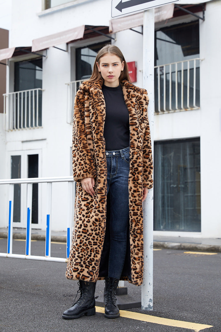 Women Leopard Turndown Collar Furry Long Coat 3