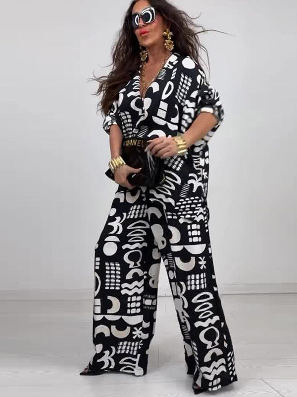 Summer Elegant Sexy Printed Top + Wide-Leg Pants Two-Piece Set