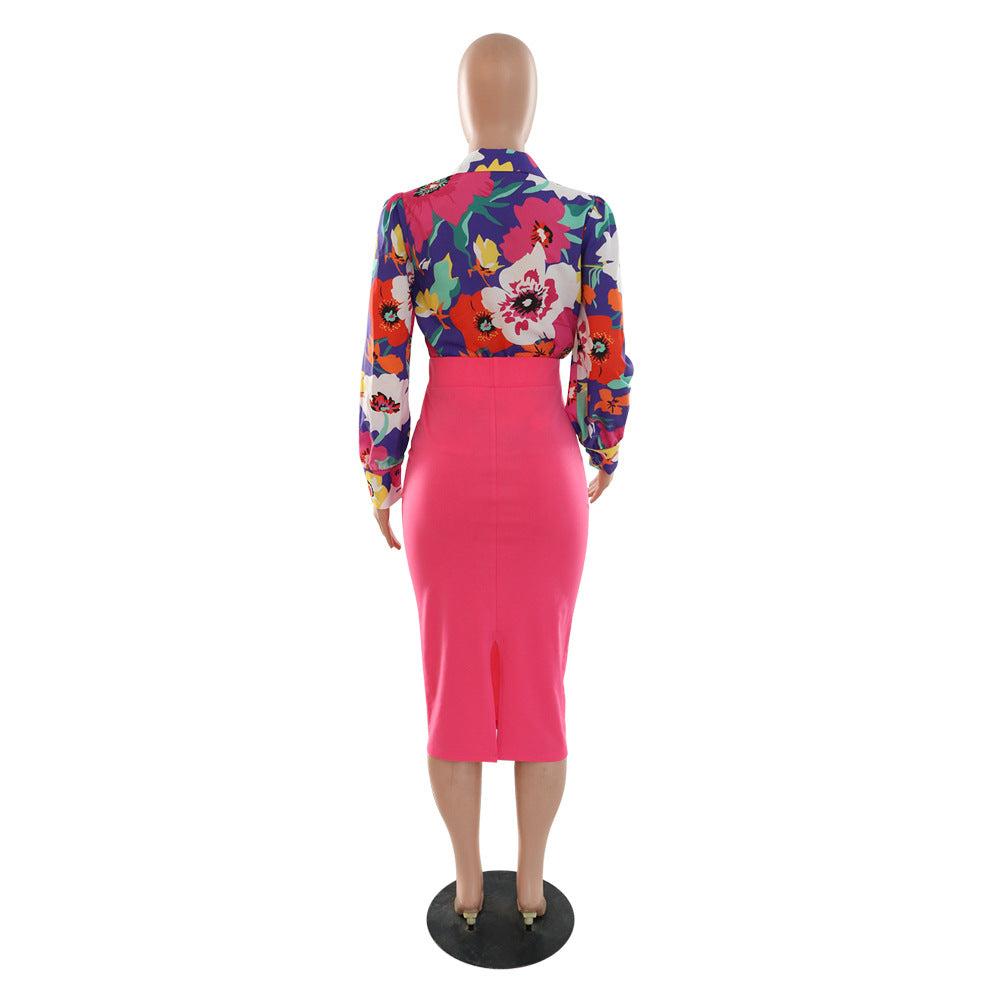 Fashion printed long-sleeved shirt and sexy bodycon skirt two-piece suit 9